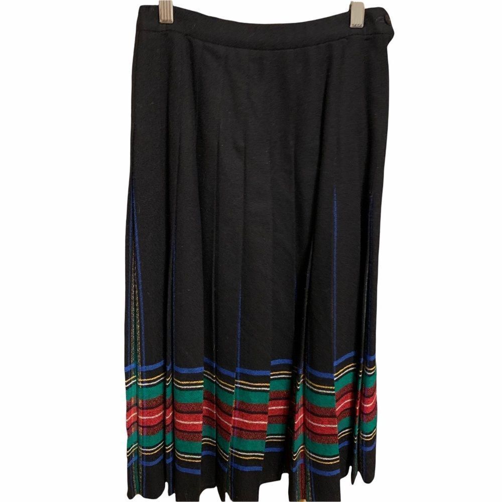 Vintage Pendleton Skirt Wool Pleated Black Green Red Blue Plaid Midi Skirt 4P